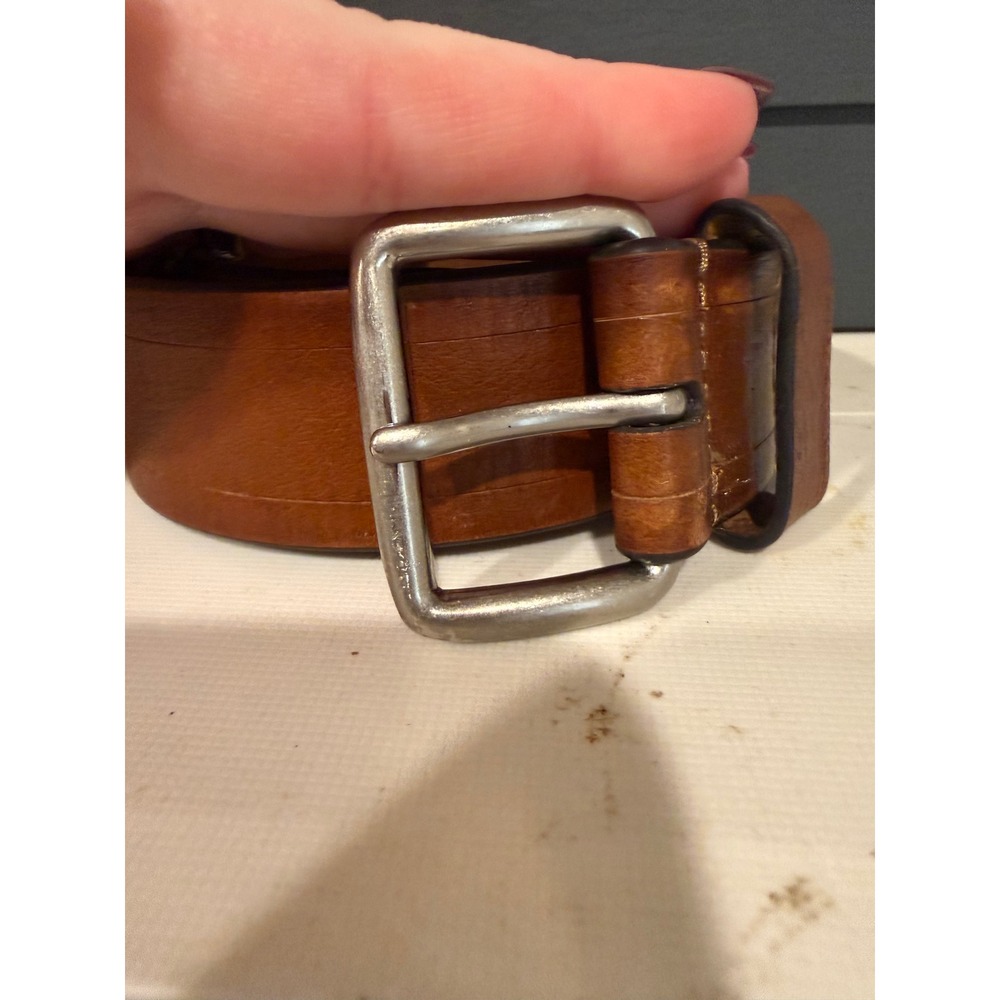 TDE Leather Belt Mens 34 Cognac Brown Excellent Rugged Casual Heritage Buckle